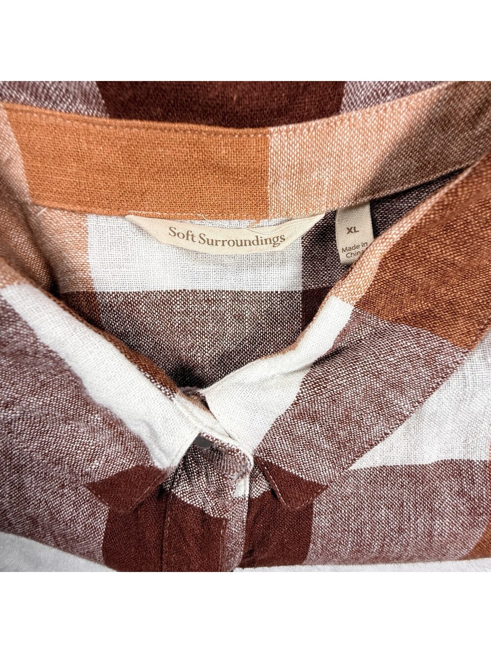 Soft Surroundings XL Linen Blend Plaid Tunic Shirt Rust Brown Button Front - Picture 11 of 13